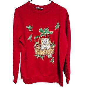 Vintage Blair Red Christmas Kitten Sweatshirt Womens Size 2X Cat Basket Graphic